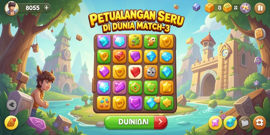 Screenshot gameplay 8055 menampilkan kecocokan permata berwarna.