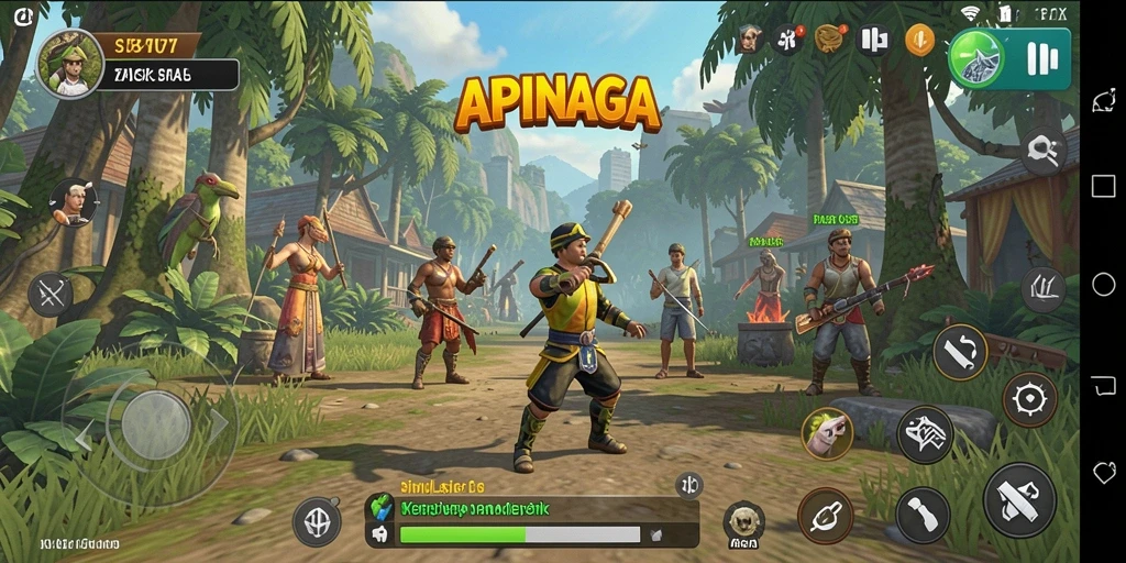 Tampilan gameplay APINAGA menampilkan grafik menarik dan karakter yang berinteraksi.