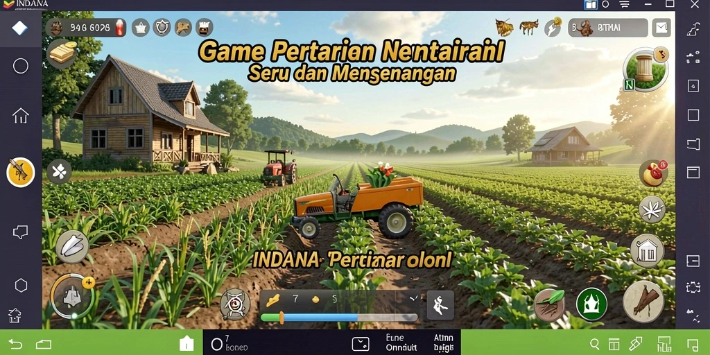 Screenshot gameplay INDAAA yang menunjukkan ladang yang indah dan tanaman subur.
