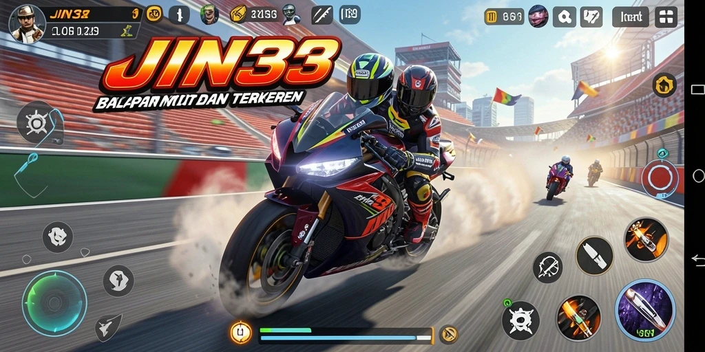 Screenshot gameplay JIN33 menampilkan aksi balapan motor yang mendebarkan.