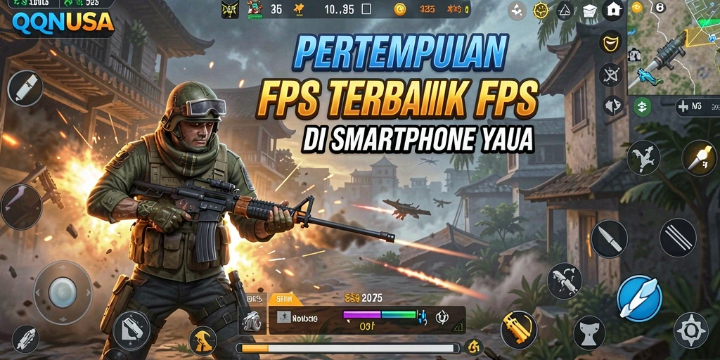 Screenshot utama QQNUSA menampilkan aksi intens di medan peperangan FPS.
