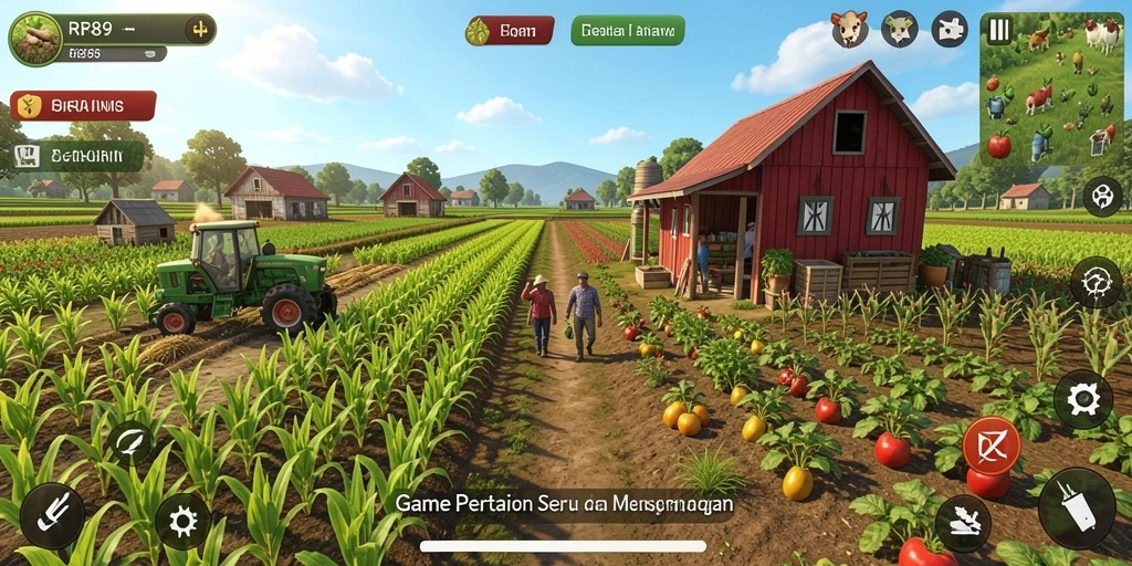 Tampilan gameplay menarik dari RR89 yang menunjukkan pertanian yang subur.