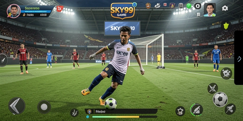 Tampilan gameplay SKY99 dengan aksi seru sepak bola.