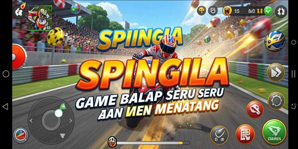 Tangkapan layar utama SPINGILA menampilkan aksi balap yang mendebarkan.