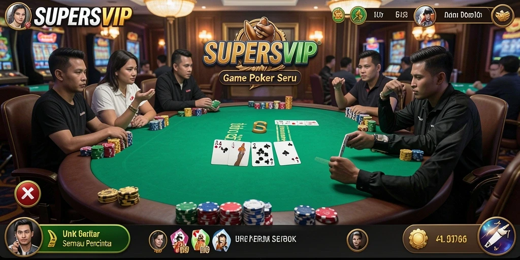 Screenshot utama SUPERSVIP menampilkan gameplay poker yang mendebarkan.