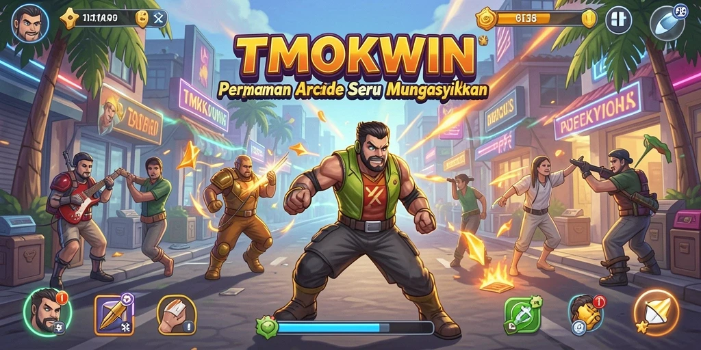 Tangkapan layar utama TMOKWIN menampilkan aksi gameplay arcade yang dinamis.